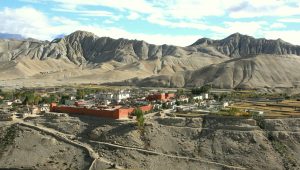 Walled settlement of Lo Manthang in the high-altitude landscape of Upper Mustang, Nepal